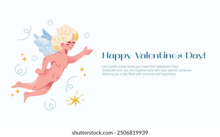 Carácter amur cupido feliz día de San Valentín cartel. Ángel de la historieta con un arco, flecha, ala y corazón. Conjunto de lindos personajes voladores de boda. Ilustración vectorial aislada en el fondo