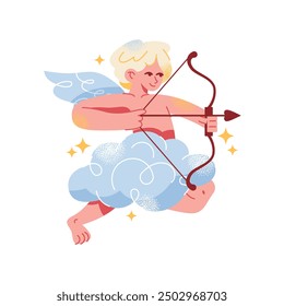 Carácter amur cupido día de San Valentín. Ángel de la historieta con un arco, flecha, ala y corazón. Conjunto de lindos personajes voladores de boda. Ilustración vectorial aislada en el fondo