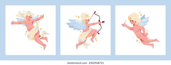 Carácter amur cupido día de San Valentín. Ángel de la historieta con un arco, flecha, ala y corazón. Conjunto de lindos personajes voladores de boda. Ilustración vectorial aislada en el fondo