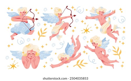 Character amur cupid valentines day. Cartoon angel with a bow, arrow, wing and heart. Set of cute flying characters wedding. vector illustration isolated on background