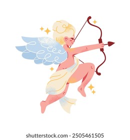 Carácter amur cupido día de San Valentín. Ángel de la historieta con un arco, flecha, ala y corazón. Conjunto de lindos personajes voladores de boda. Ilustración vectorial aislada en el fondo