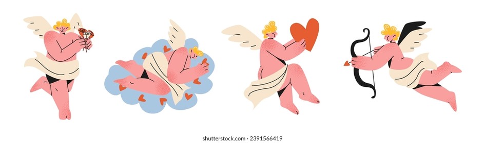 Character amur cupid valentines day.Cartoon angel shoots hearts from a bow. Romantic child heart hunter svg