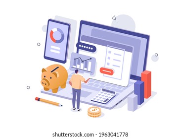 Character Analyzing Charts, Graphs, Planning Business Strategy and Managing Data and Finance on Laptop and Smartphone. Business Intelligence and Analysis Concept. Flat Isometric Vector Illustration.