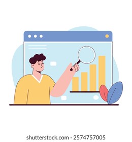 a character analyzing a clean bar chart displayed, abstract, background, banner, business, cartoon, character, company, computer, cooperation, creative