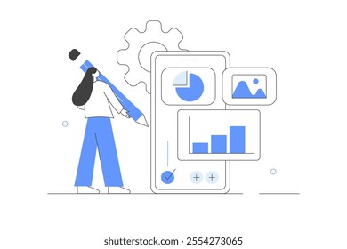 Character Analyzing Data, Creating new Ideas. Business Analysis Concept. Data analysis, audit with mobile app. Research digital document with charts on phone screen. Flat Cartoon Vector Illustration