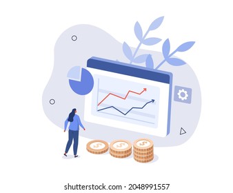 Caracterización del análisis de datos financieros y planificación de la estrategia de inversión. Personas examinando gráficos, gráficos y diagramas. Concepto de investigación financiera. Ilustración vectorial isométrica plana.