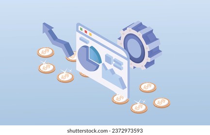 Análisis de caracteres de datos financieros y planificación de la estrategia de inversión.Concepto de investigación financiera.sobre fondo azul.Diseño 3D.diseño vectorial isométrico Ilustración.