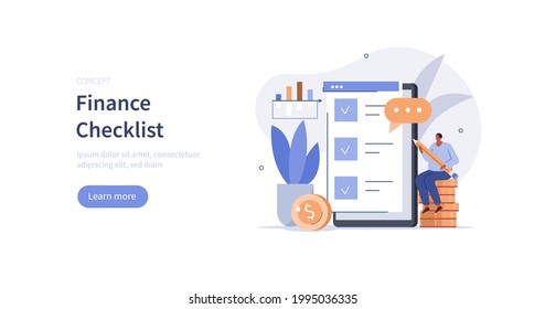 Character analyzing his finances, savings, creating budget and filling financial checklist on smartphone. Financial management concept. Flat cartoon vector illustration.
