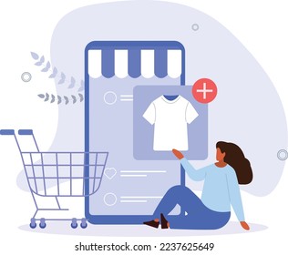 Character analyzing mobile market trends.vector illustration.