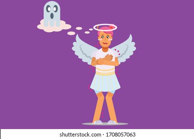 A character of an angel afraid of a ghost. Halloween theme. Simple character vector illustration, this illustration can use as a sticker also.