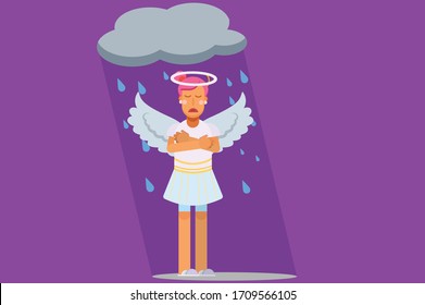 A character of an angel with heavy rain on her top. Halloween theme. Simple character vector illustration, this illustration can use as a sticker also.