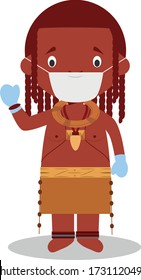 Character from Angola (Himba Tribe) dressed in the traditional way and with surgical mask and latex gloves as protection against a health emergency