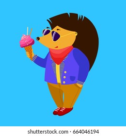 Character animal design. Hedgehog in modern casual clothing eat ice cream. Character concept. Vector isolated illustration in flat design.