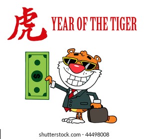 Character Animal Happy Tiger Keeps Dollar Ð�nd Business Briefcase