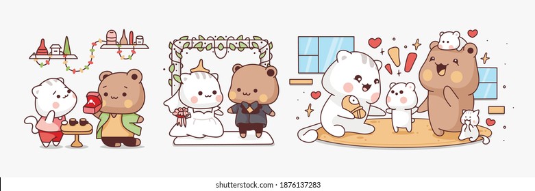Character animal relationships. Dating and romantic hand drawn animal characters. Teddy bear and kitten are engaged, get married and raise children in a family.