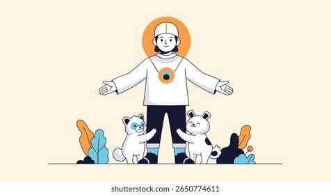Character with animals and plants in a playful abstract style