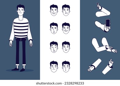 A character to animate your Motion Design. Vector set of a male character with gestures and emotions.