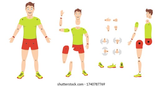 Character animation. Athletic handsome guy for creating animated videos of a gym or fitness club. Vector illustration for websites, videos and mobile applications.