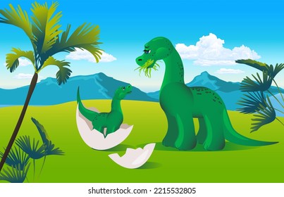 character for animation dinosaur moving walking chewing eating nodding head cute herbivore big friend green BC diplodocus therizinosaurus landscape mountains palm trees clouds offspring hatched  egg