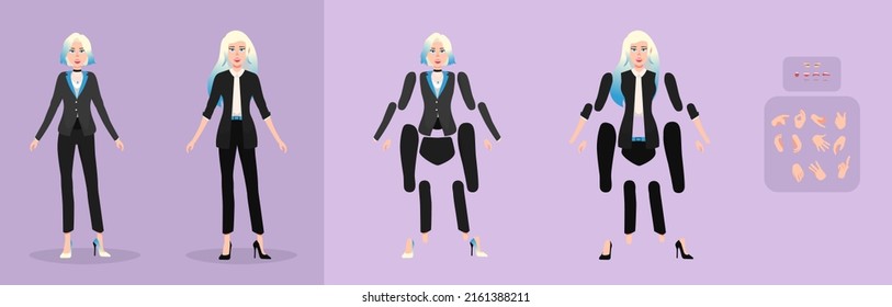 Character for animation. Girl in a business suit. Vector illustration. Businesswoman, blonde office worker. Manager, administrative person, corporate dress code. Prepared character for animation

