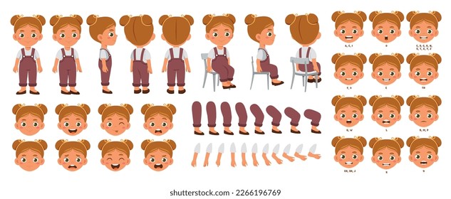 Character for animation. Little smiling preschool girl with different emotions and gestures. Various elements for character constructor. Cartoon flat vector collection isolated on white background