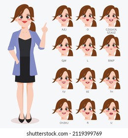 Character for animation mouth in businesswoman. Mouth pronounce letters with lips, tongue and teeth.