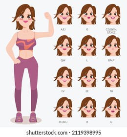 Character for animation mouth in sport woman. Mouth pronounce letters with lips, tongue and teeth.
