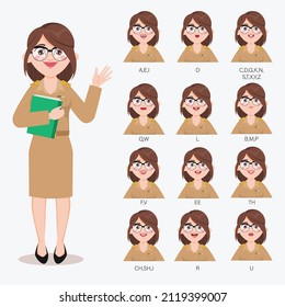 Character for animation mouth in teacher woman. Mouth pronounce letters with lips, tongue and teeth.