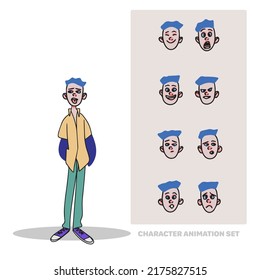 Character animation set, boy schoolboy, full length, people creation with emotions, facial animation, head, doodle style cartoon avatar