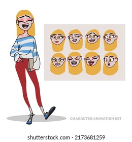 Character animation set, female student, full length, holding a folder, creating people with emotions, face animation, head, doodle style cartoon avatar