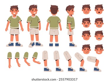 Character animation set. Little teenage boy with different facial emotions, gestures and poses. Arms, legs and other body parts construction. Flat vector illustration collection isolated on background