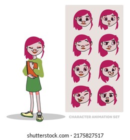 Character animation set, schoolgirl with notebook in hands, full length, creation of people with emotions, facial animation, head, doodle style cartoon avatar