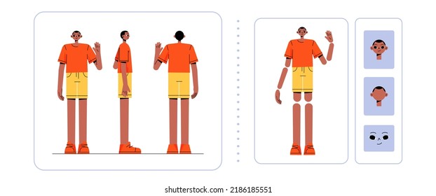 Character Animation Set With Standing Man In Front, Side And Back View, Parts Of Body, Head And Face Isolated On White Background. Vector Flat Illustration Of Guy Constructor