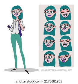 Character animation set, young woman, full length, in office clothes with a bag and a phone, creating people with emotions, face animation, head, cartoon avatar in doodle style