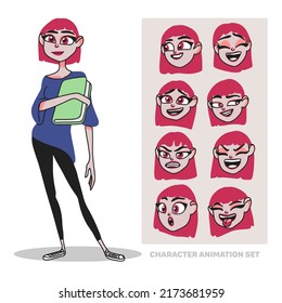 Character animation set, young woman, in full growth, with a book, creating people with emotions, face animation, head, cartoon avatar in doodle style