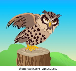 character for animation wise owl flutter of wings sits on a stump