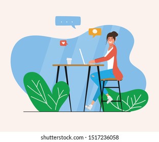 Character animation of young woman using a computer laptop in cafe shop. Trendy blogger lifestyle people activity.