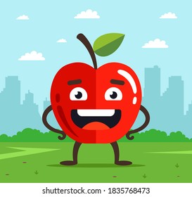 character apple with face. the fruit fell from the tree onto the grass. city landscape on the background. flat vector illustration.