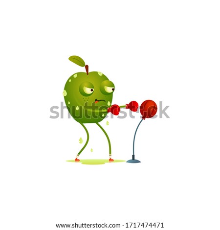 Character apple in the gym squeezes out all the juices