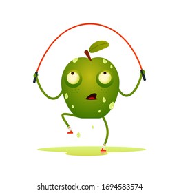 Character apple makes an exercise jumps through a rope stubbornly squeezes apple juice