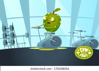 Character apple on an exercise bike squeezes out all the juices in the gym