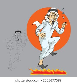 Character of an Arab Gulf man walking on fire