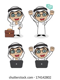 A character for an Arabic Saudi Arabian business man wearing the Arabic white outfit and black shoes thinking, happy, excited, confidence with a laptop and suitcase 