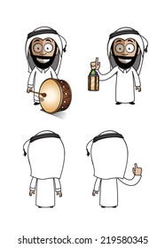 A character for an Arabic Saudi Arabian guy wearing the Arabic white outfit and black shoes, happy, excited, funny, smiling and holding an arabic drums instrument use in ramadan 
