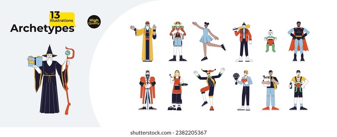 Character archetypes line cartoon flat illustration bundle. Archetypal 2D lineart characters isolated on white background. Collective unconscious behavior, experiences vector color image collection