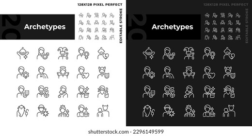 Character archetypes pixel perfect linear icons set for dark, light mode. Personal characteristics and traits. Thin line symbols for night, day theme. Isolated illustrations. Editable stroke