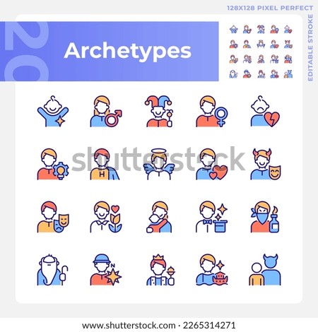 Character archetypes pixel perfect RGB color icons set. Psychoanalytic theory. Personal characteristics. Isolated vector illustrations. Simple filled line drawings collection. Editable stroke