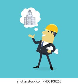 Character of architect with a new project. Successful architect is thinking on the new building projects. Adult male with a sheet of paper projects building on isolated background. Vector illustration
