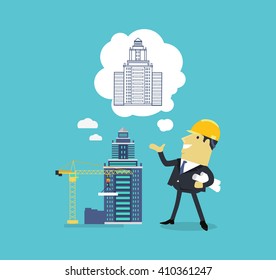 Character of architect with a new project. Successful architect is thinking on the new building projects. Adult male with a sheet of paper projects building on isolated background. Vector illustration