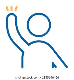 Character With Arm Raised Ready To Help, Answer, Question Something Or Hand Wave. Vector Thin Line Icon Illustration. Volunteer, Student Raising His Arm, Voting, Protesting, Waving Hello Or Goodbye.